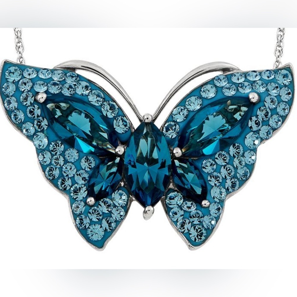 925 Sterling Silver Blue Butterfly Necklace & Earrings Set Enamel Rhinestones